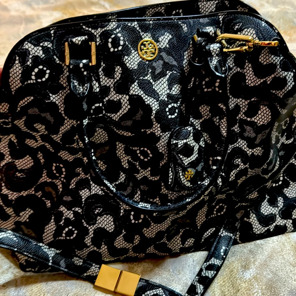 Tory Burch black and white leather satchel bag